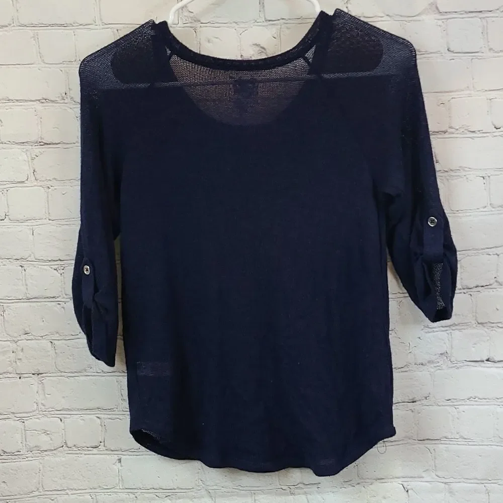 Justice Navy Blue Spring Lightweight Sweater Glitter Medallion Tab Sleeves Sz 10